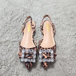 LHIANA Animal Print Slingback Flats with Rhinestone Detail - size 8